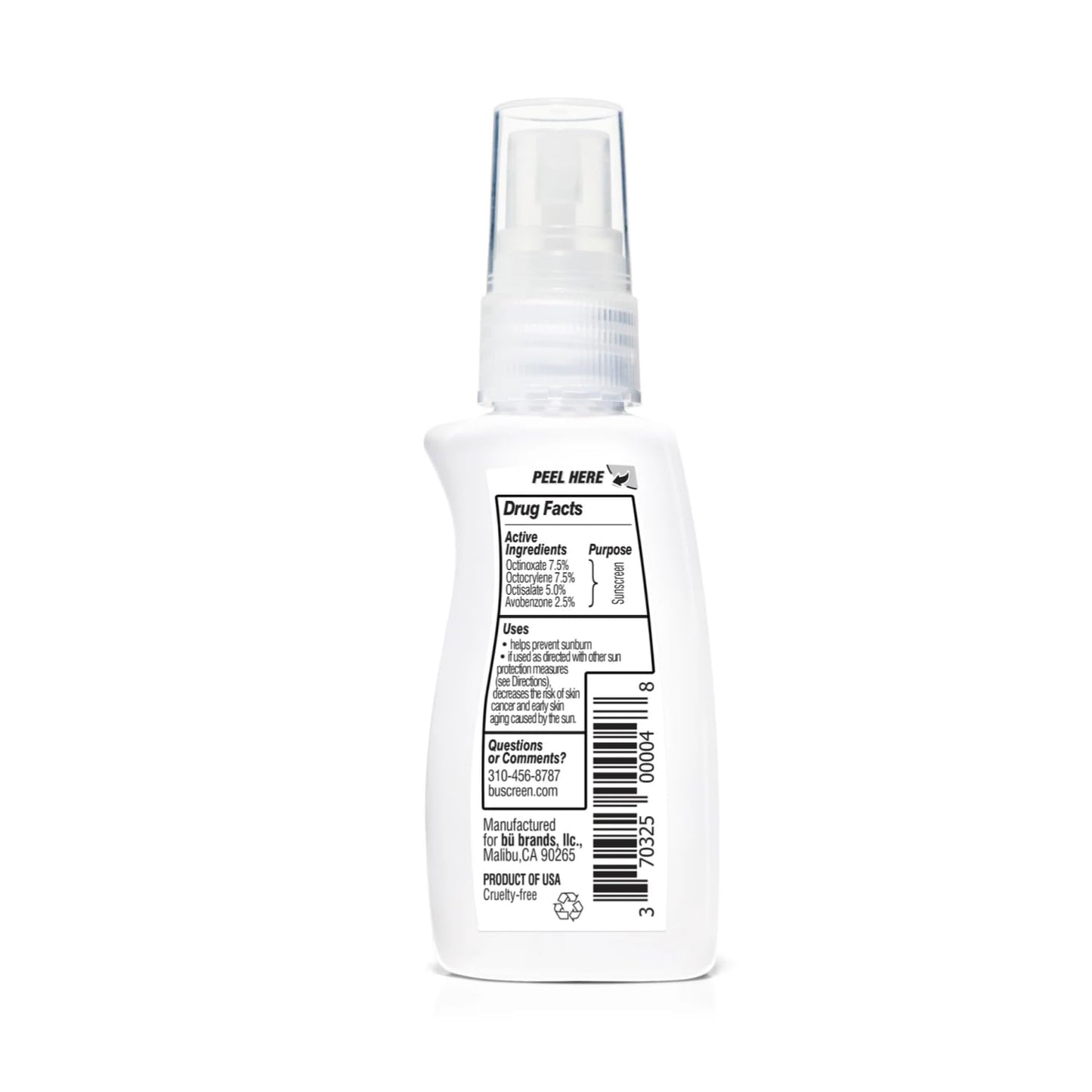 BU SPF 30 Sunscreen Spray for Face and Body, Non Aerosol Spray, TSA Travel Size Sunblock, Clear, Non Greasy, Water Resistant, White Sage 1 oz
