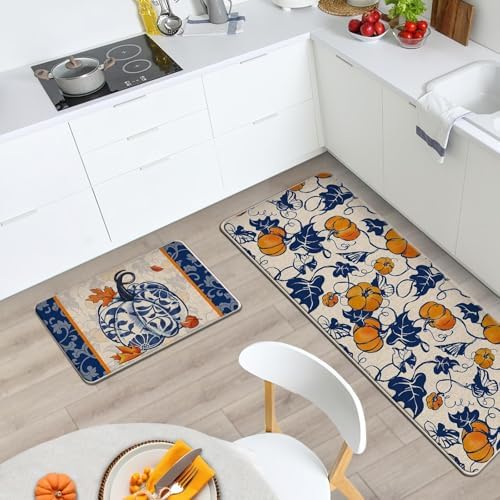 Fall Chinoiserie Pumpkin Kitchen Rugs Set of 2, Autumn Thanksgiving - Image 2