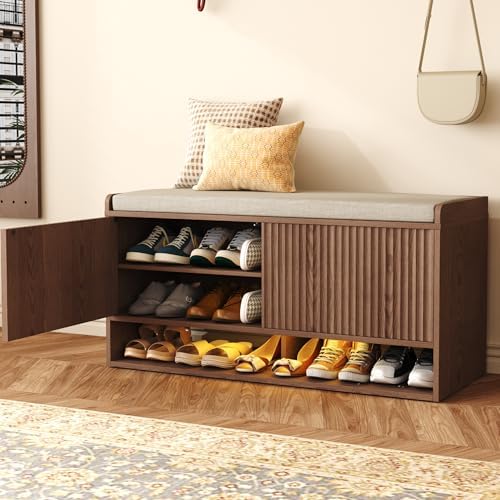 HOMEFORT 39.4" Fluted Shoe Storage Bench, Entryway Bench by HOMEFORT