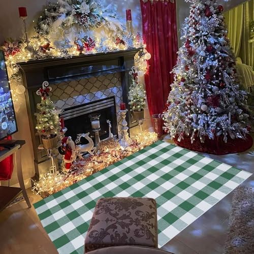 Green & White Christmas Plaid Rug, Hello/Welcome Door Mat Layering Rug - Image 7