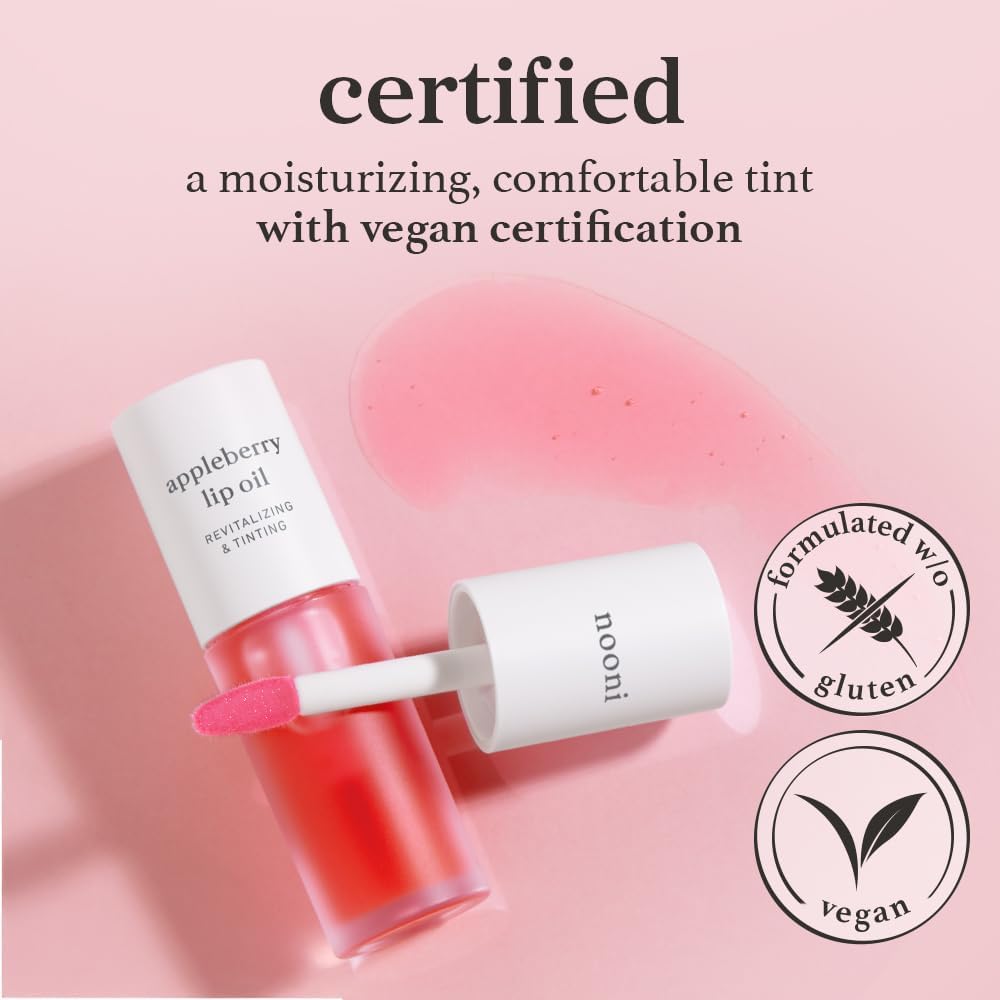 NOONI Korean Lip Oil - Appleberry | Long-Lasting, Moisturizing, Plumping, Revitalizing for Dry Lips, Waterproof, No Peel Off, Hydrating, Nourishing Crystal Clear, 0.12 FL Oz
