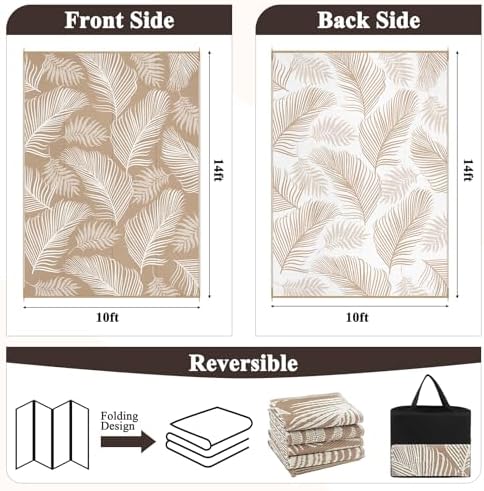 Pauwer Waterproof Outdoor Rug 10x14, Plastic Straw Patio Rug, Leaf Brown - Image 3
