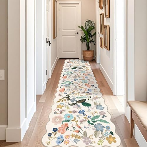 Washable 3x12 Hallway Runner Rug: Soft Floral Scalloped Runners - Image 2