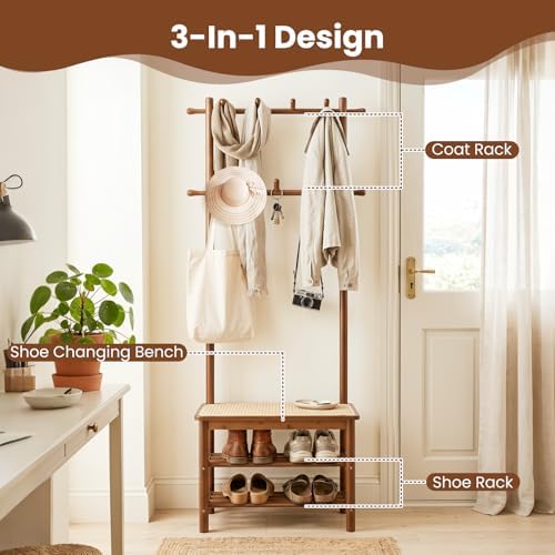 GIANTEX 3-in-1 Hall Tree with Bench and Shoe Storage, 11 Hanging Rods - Image 4