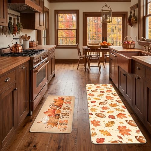Fall Kitchen Mats Set of 2, Autumn Football Non Slip Kitchen Rug - Image 2