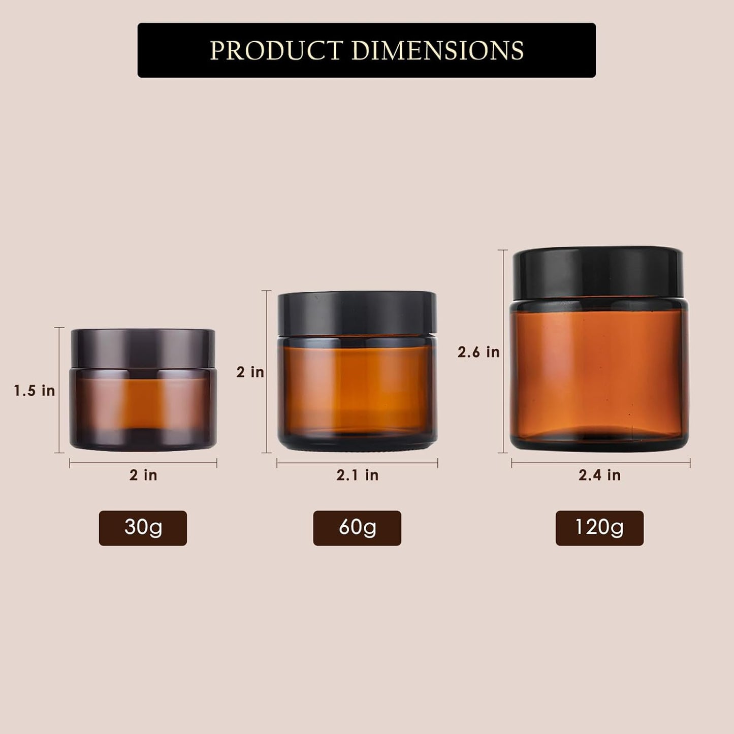 Lil Ray 2 Oz Glass Cream Jars with Black Lid, Empty Amber Glass Containers, Refillable Cosmetic Vials for Lotion, Ointment (12 PCS)