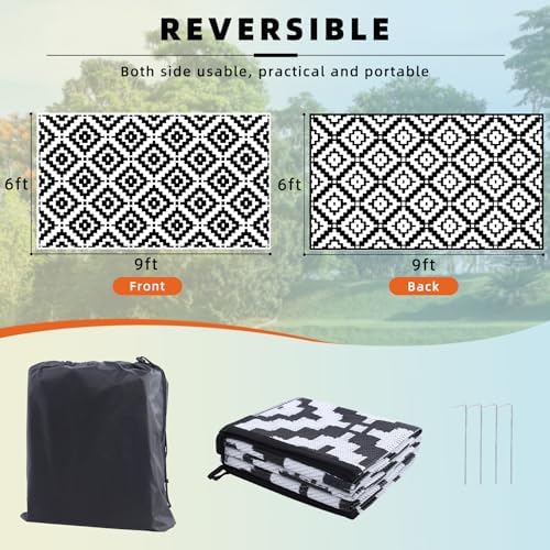Favoyard Outdoor Rug Black & White 6x9 ft Waterproof Reversible Carpet Mat - Image 2