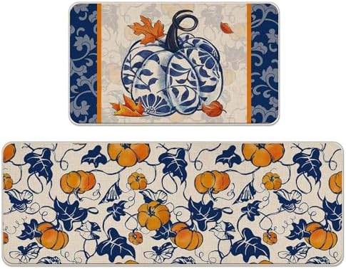 Fall Chinoiserie Pumpkin Kitchen Rugs Set of 2, Autumn Thanksgiving by Livcoz