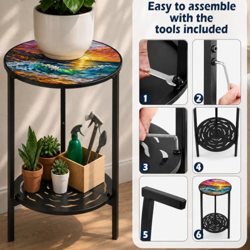 2-Tier Metal Round Side Table Accent Coffee Tables Small Space Corner Plant - Image 4