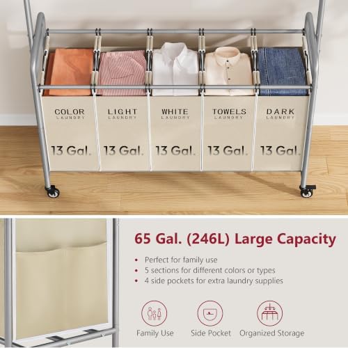 Tajsoon Laundry Cart with Hanging Rack, 65 Gal. Large Laundry Hamper - Image 5