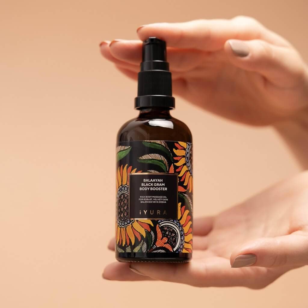 iYURA Balaayah Black Gram Body Booster Oil | Ayurvedic Massage & Moisturizing Body Oil | Indulging aroma of Vanilla & Frankincense | Luxurious, Fast-Absorbing & Non-Sticky | 3.38 fl oz