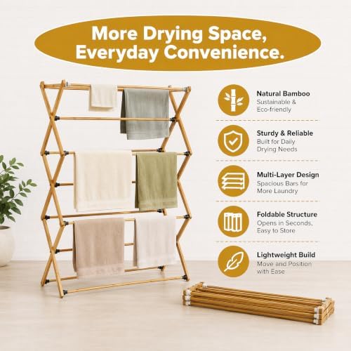 Bamboo Clothes Drying Rack, 3-Tier Tall Laundry Drying Rack - Image 3