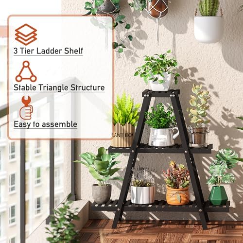 GHWIE Plant Stand Indoor Plant Shelf Outdoor bamboo Plant Rack, 3 Tiers Ladder - Image 4