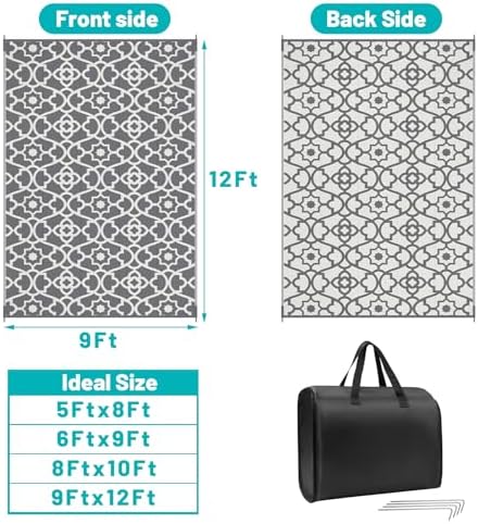 HEBE Waterproof Outdoor Rug 9'x12', Geometric Reversible Plastic Patio Rug - Image 2