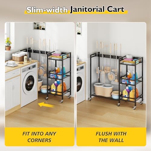 Broom Holder with Cleaning Supplies Organizer, Movable Broom Closet Storage - Image 4