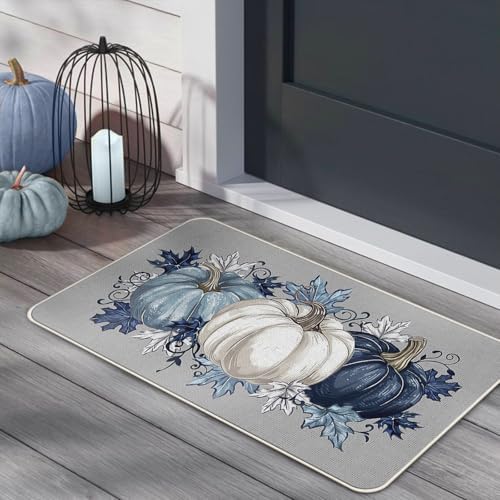 Fall Blue White Pumpkin Kitchen Rugs Set of 2 - Image 6