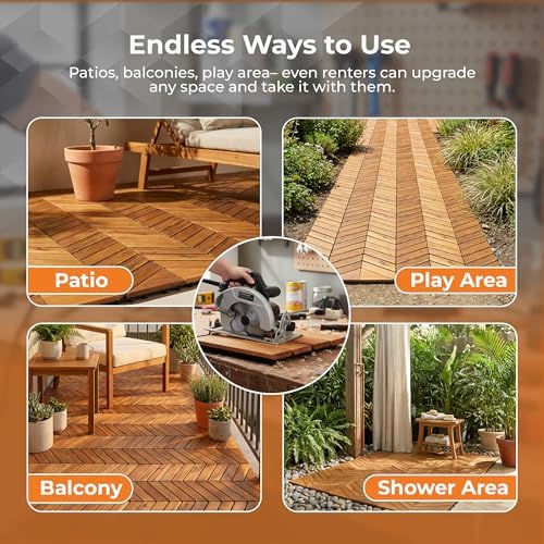 Majestick Goods 4-Pack Herringbone Edge Acacia Wood Interlocking Deck Tiles - Image 5