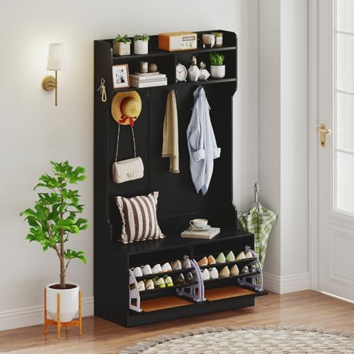Giantex 4-In-1 Hall Tree with Bench and Shoe Storage, Entryway Bench with Coat by Giantex