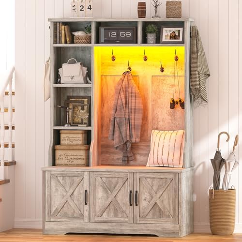 Hall Tree with Bench and Shoe Storage, LED Entryway Bench with Coat Rack by CSZZD