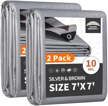 RAINDEWAY 7x7 Feet Tarps Heavy Duty Waterproof, 10Mil Tarp Cover by RAINDEWAY