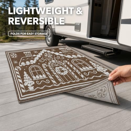 3x5 Ft Gingerbread House Christmas Reversible Plastic Straw Outdoor Rug - Image 6