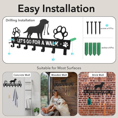 Dog Leash Holder for Wall, 7 Hooks, Iron Dog Leash Hanger, 13.5 Inch - Image 3
