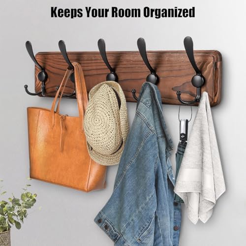 Gohiuo Rustic Wall Mount Coat Rack, Coat Hooks Wall Mount Wood Coat Rack - Image 3