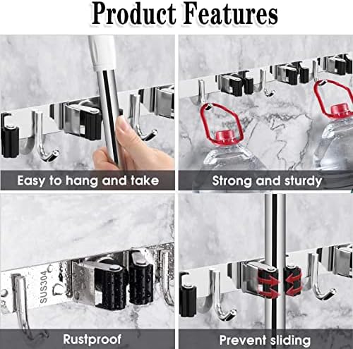 AceMining Broom Holder Wall Mount, 5 Racks 4 Hooks Heavy Duty Mop Organizer - Image 2