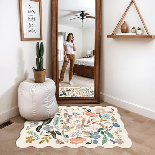 Washable 2x3 Entryway Scalloped Rug: Floral Thin Door Mat Non Slip Water - Image 2