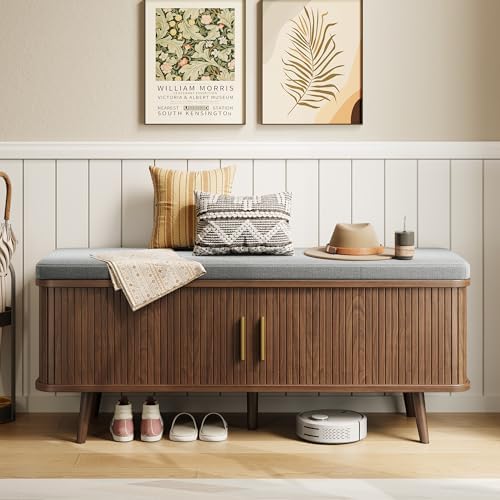Decofy Shoe Storage Bench with Cushion and Sliding Doors, 47.2 Inch Shoe Bench by Decofy