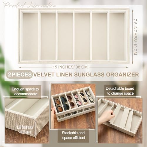 Juexica 2 Pcs Velvet Sunglass Trays 6 Grids Sunglasses Organizer - Image 2