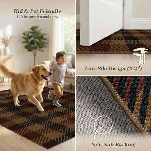 Easy Jute 2x3 Entryway Rug, Washable Non Slip Brown & Red Plaid - Image 5