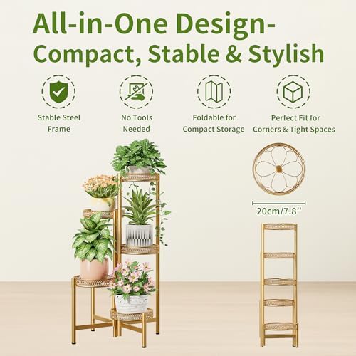 Gold Plant Stand Indoor Outdoor, 5 Tier Corner Flower Display Holder Stand - Image 5