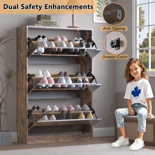 BORNOON Shoe Cabinet with 3-Flip Mirror Drawers, Freestanding Shoe Rack - Image 6