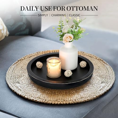 Hanobe Wooden Tray for Coffee Table: Candle Holder Plate Black Round Decorative - Image 2