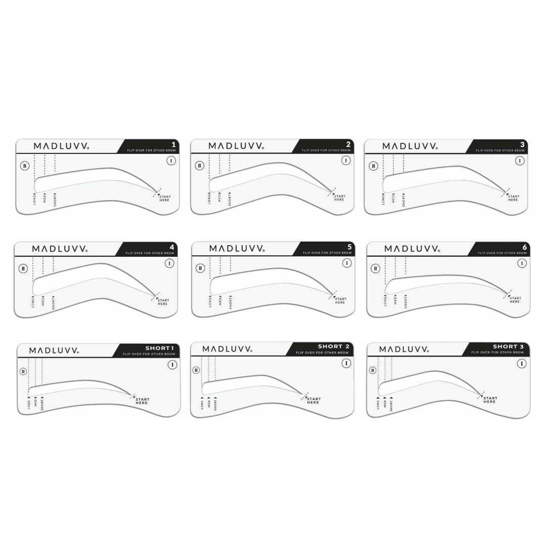 MADLUVV Brow Stamp Kit with Brow Stencils – Easy Eyebrow Shaper for Natural-Looking Brows – Popular Eyebrow Stencil Kit Used by Professionals – 9 Shapes, Spoolie, Travel Bag & Stamp (Light Grey)