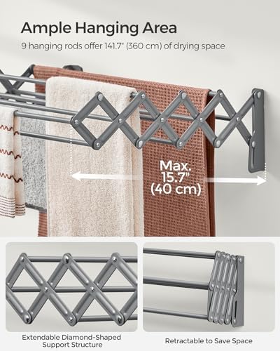 SONGMICS Clothes Drying Rack, Wall-Mounted, 9 Staggered Hanging Rods - Image 4