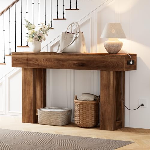 63 Inch Long Console Table w/Outlets & USB Ports, Narrow Rectangular Sofa Table - Image 7