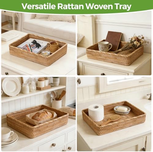 Large Rattan Serving Tray, Rectangle Wicker Storage Basket - Image 6