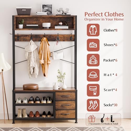 Hall Tree with Bench & 3 Drawers Storage 31.5" Coat Rack Entryway Organizer - Image 3
