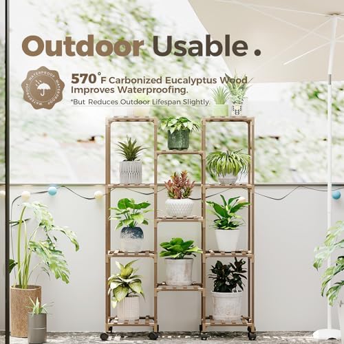 Bamworld Plant Stand With Wheels Indoor Outdoor Wood Plants Shelf - Image 3