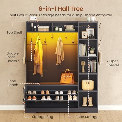 Itaar Hall Tree with Bench and Shoe Storage, Farmhouse Entryway Bench with Coat - Image 3