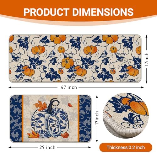 Fall Chinoiserie Pumpkin Kitchen Rugs Set of 2, Autumn Thanksgiving - Image 3