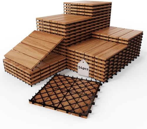 54Pcs Interlocking Deck Tiles, 12x12in Acacia Wood Flooring by XINONE