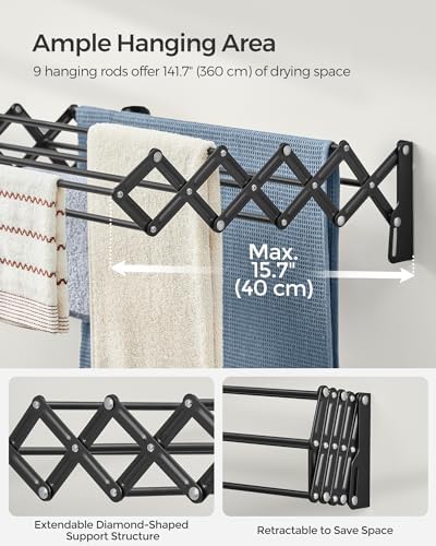 SONGMICS Clothes Drying Rack, Wall-Mounted, 9 Staggered Hanging Rods - Image 4