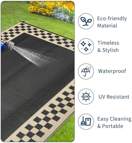 Outdoor Rug 8x10 Waterproof Patio Rugs Modern Checkered Reversible Mat - Image 5