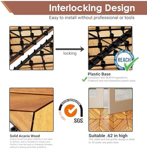 PrimeZone 54 PCS Solid Acacia Wood Interlocking Patio Deck Tiles Outdoor - Image 4