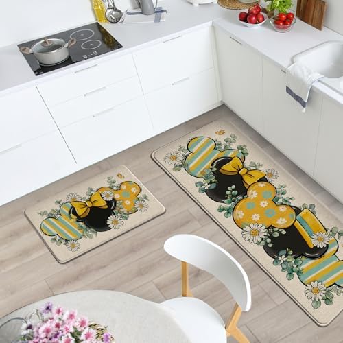 Pycat Spring Summer Kitchen Rugs Set of 2, Eucalyptus Leaves Daisy Flower - Image 2