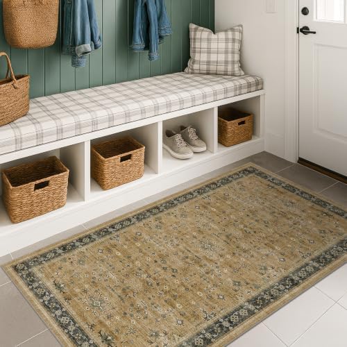 Boho 3x5 Entryway Rug, Washable Rustic Brown and Charcoal Olive Mudroom Area Rug by HazoHaus
