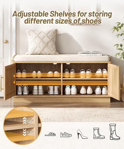 Akxomel 39.4" Fluted Shoe Storage Bench 2 Doors Wooden Entryway Bench Oak - Image 5
